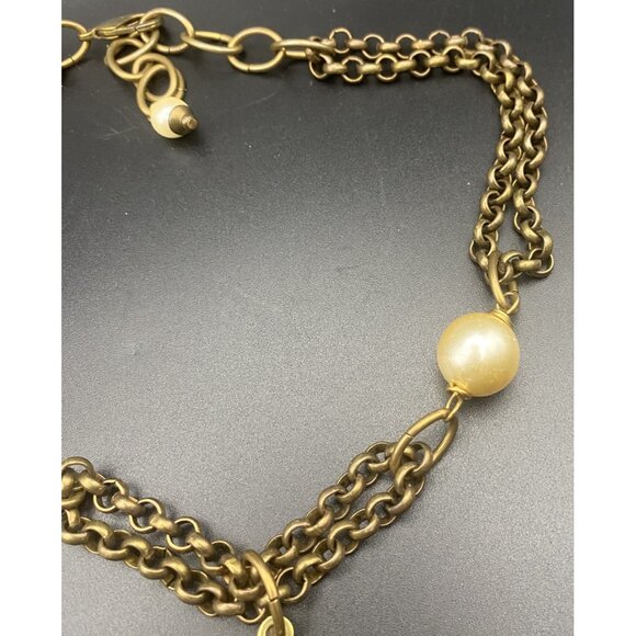 Signed Jan Michaels Art Nouveau Necklace Gold Brass Tone Caged Pearl Rolo Chain - Picture 7 of 8